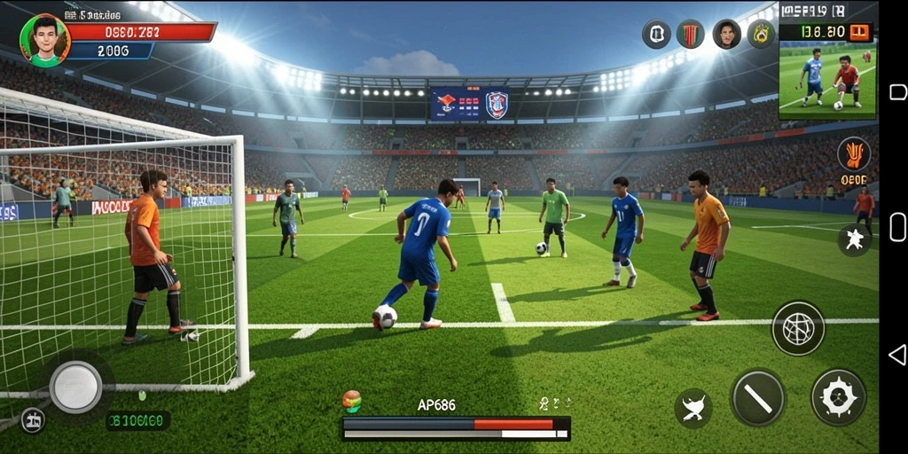 Screenshot AP686 menampilkan aksi seru dalam permainan sepak bola.
