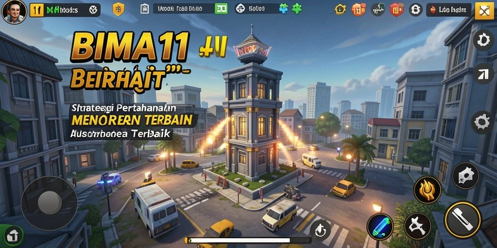 Screenshot gameplay BIMA11 menampilkan aksi menara yang menegangkan.