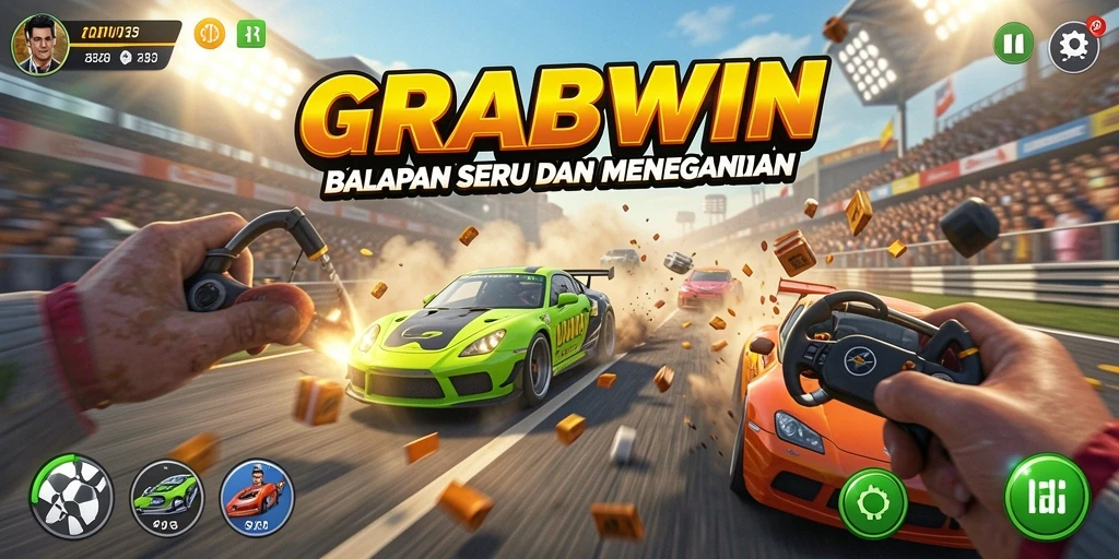 Tangkapan layar GRABWIN menunjukkan aksi balapan yang intens dan mobil yang mengesankan.