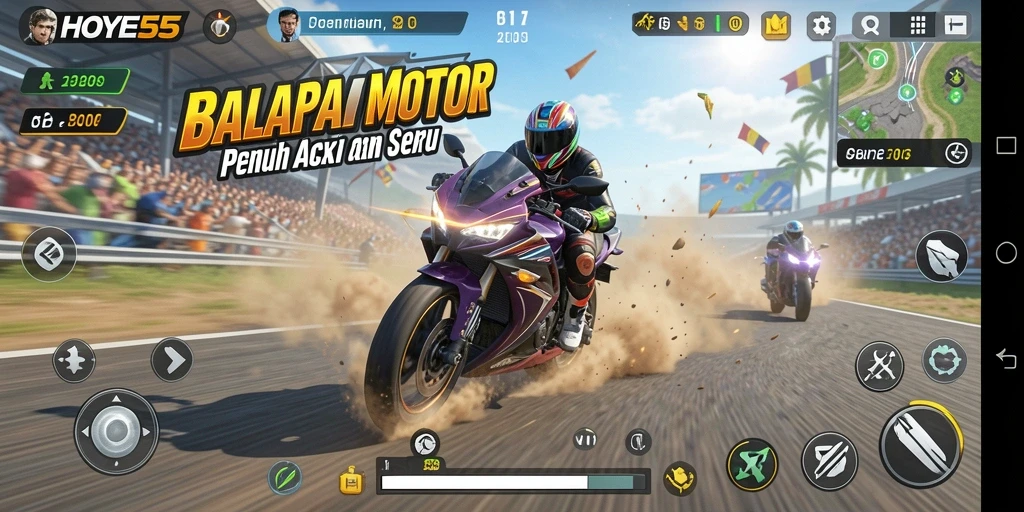 Screenshot gameplay HOYE55 yang menampilkan balapan motor seru dan grafis yang menakjubkan.