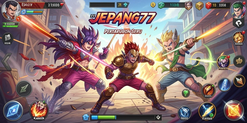 Screenshot utama dari gameplay <strong>JEPANG77</strong> yang menampilkan pertarungan seru dan karakter unik.