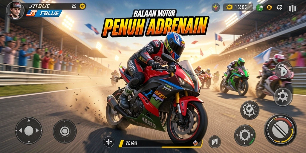 Screenshot utama JTBLUE menampilkan aksi balapan motor yang intens.