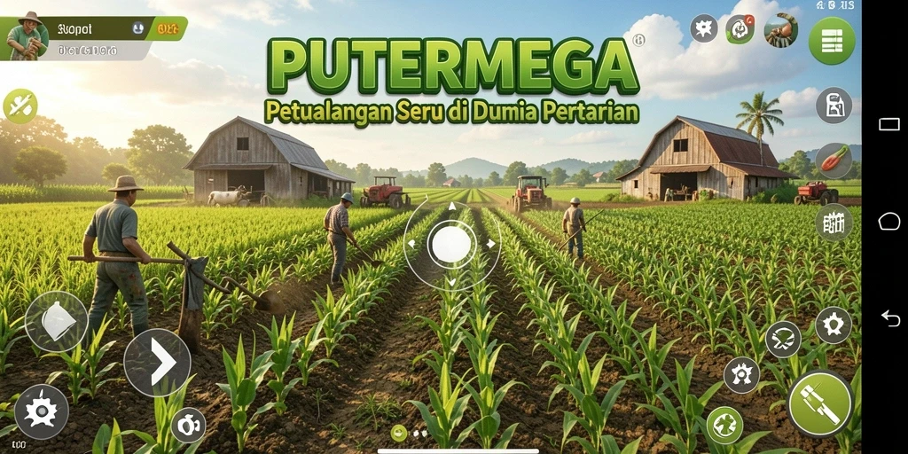 Tampilan gameplay PUTERMEGA menunjukkan kebun yang penuh warna dan aktivitas pertanian.