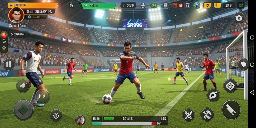 Screenshot gameplay SR996 menunjukkan aksi mendebarkan dalam pertandingan olahraga.