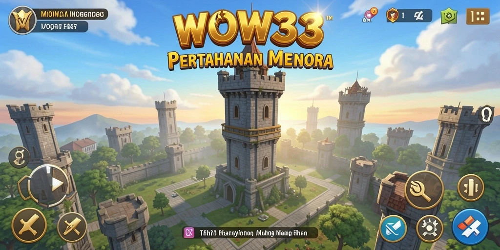 Tampilan gameplay WOW33 dengan menara dan serangan musuh yang dinamis.
