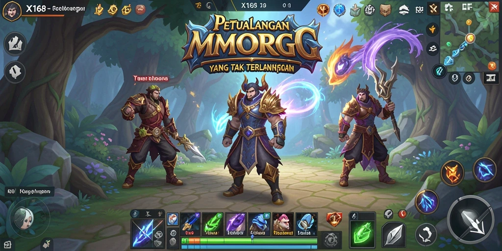 Screenshot gameplay X168 menampilkan petualangan fantastis di dunia MMORPG.